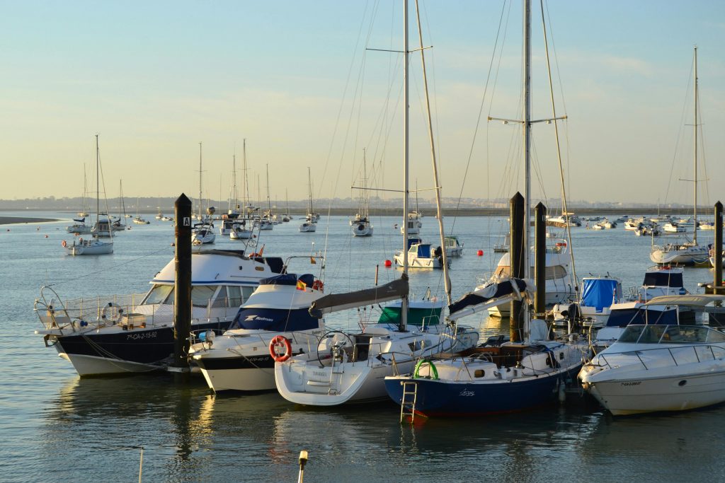 A tranquil summer scene of moored boats in a harbor, with clear skies and calm waters.